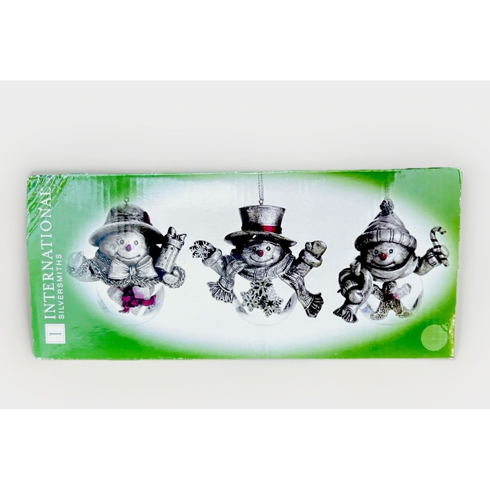 3 INTERNATIONAL Silversmiths Snowman Glass Snow Globe Christmas‎ Ornaments  3.5"